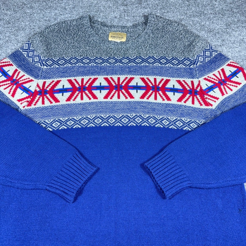 Roebuck & Co Mens Fair Isle Sweater Blue Grey Red Geometric Crew Neck Large L